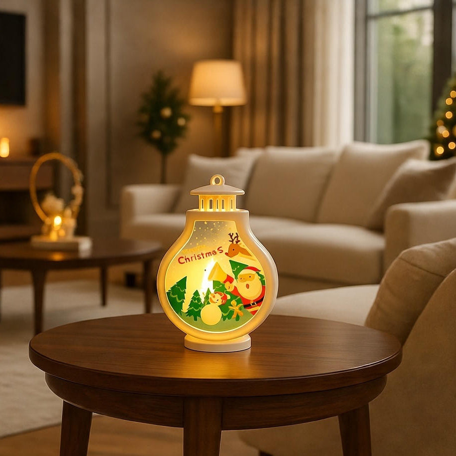 Decorative Christmas lantern on a table in a cozy living room.