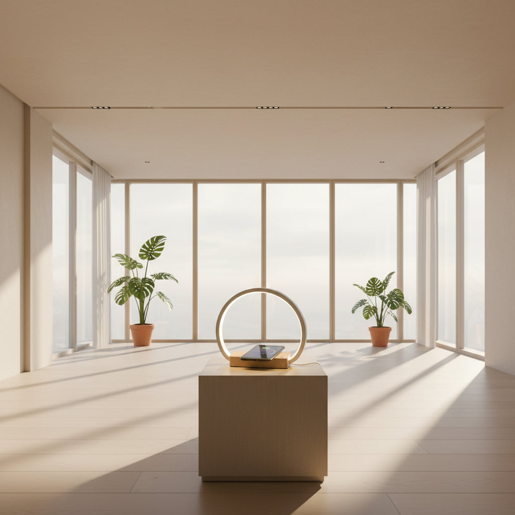 Modern lamp with wireless charging pad on a wooden surface