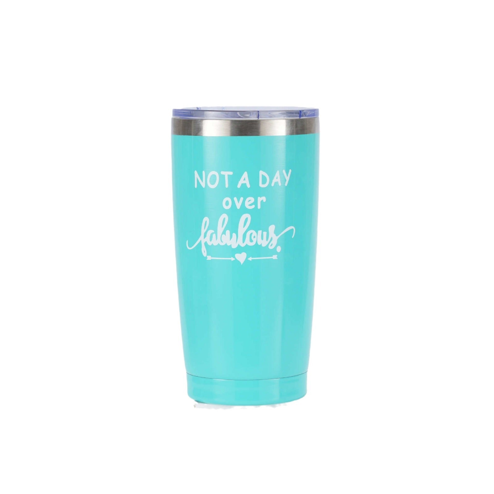 Turquoise tumbler with white text on a white background
