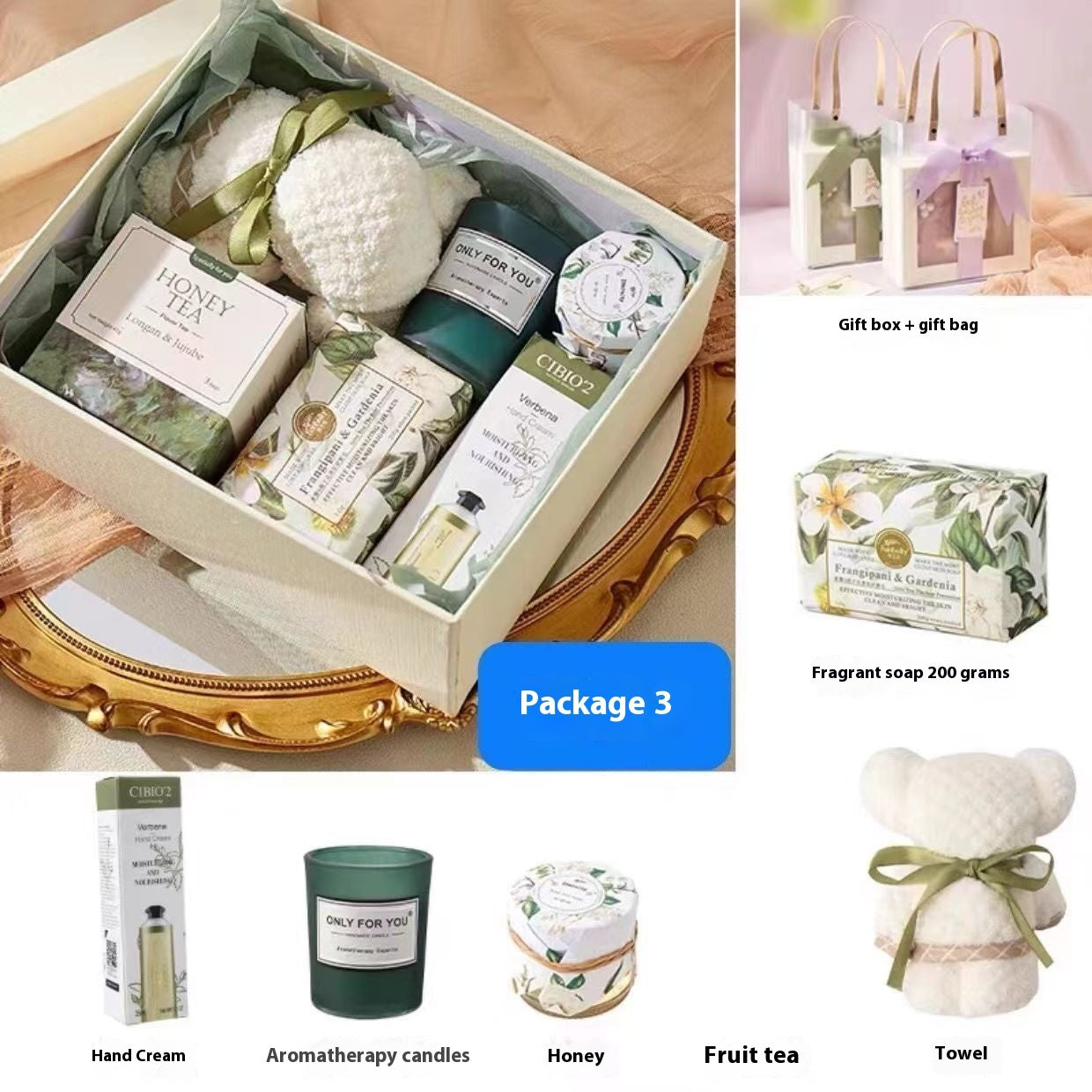 Gift package with various items including a candle, soap, and towel on a decorative surface.