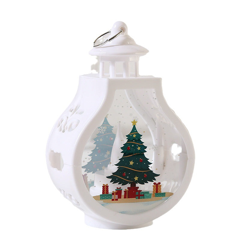 White ceramic lantern with Christmas tree and presents design on a white background