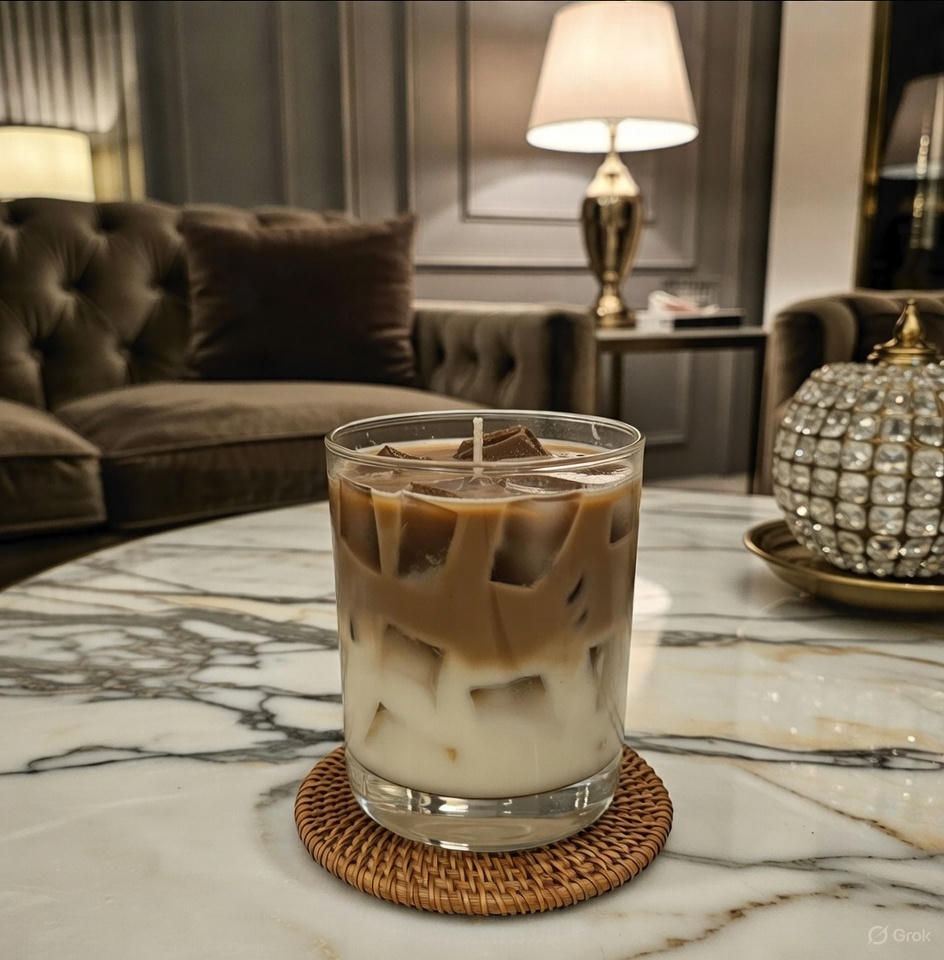 Glass of iced coffee on a marble table with a cozy living room background