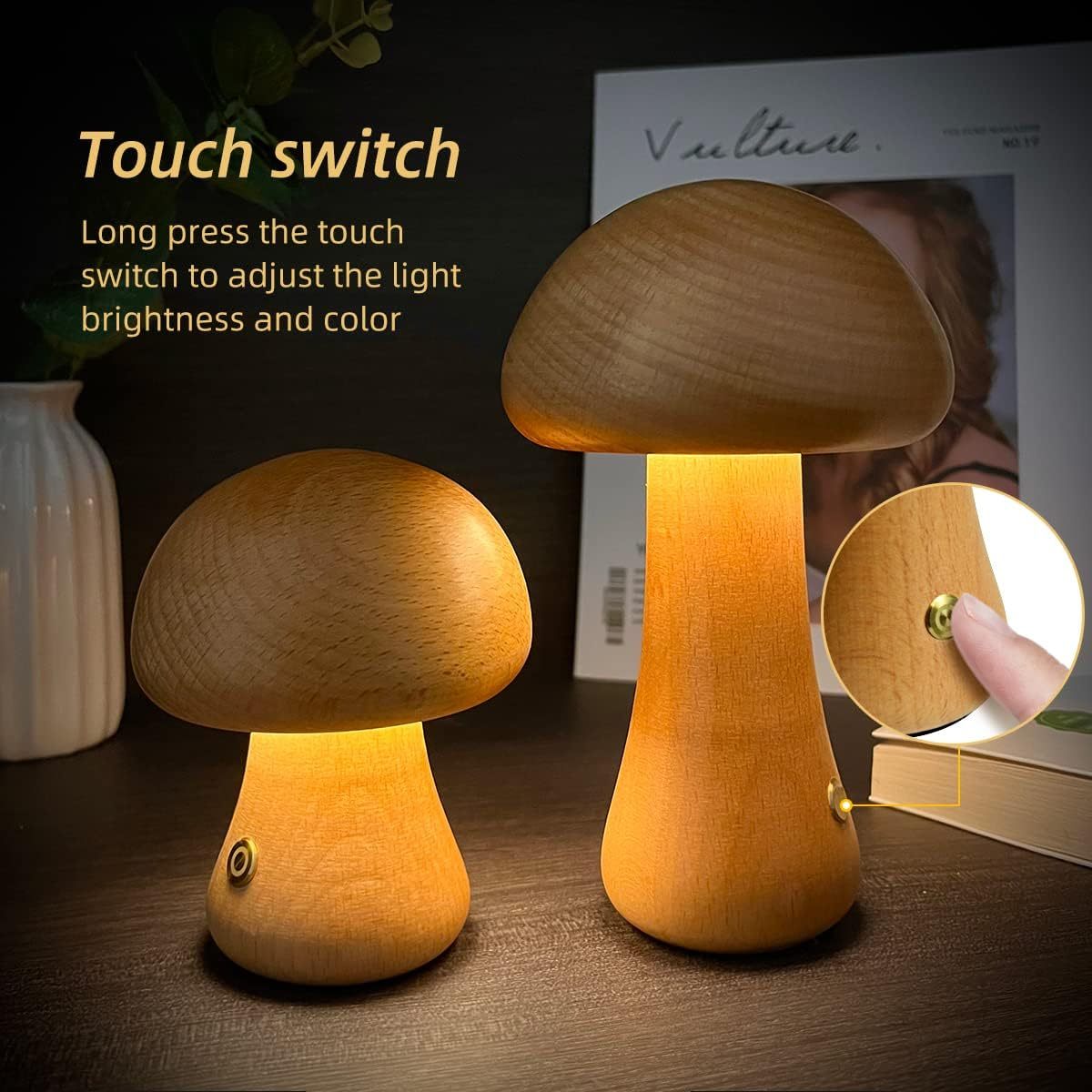 BELIVYA Minimalist Wooden Mushroom LED Night Light - Aesthetic Touch Control Lamp