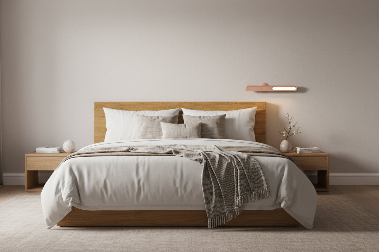 Wall-mounted light fixture on a neutral wall next to a bed with wooden headboard and white pillows.