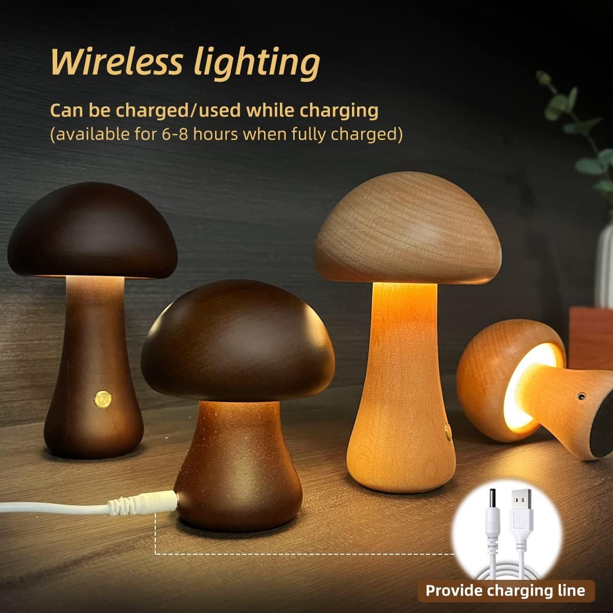 BELIVYA Minimalist Wooden Mushroom LED Night Light - Aesthetic Touch Control Lamp