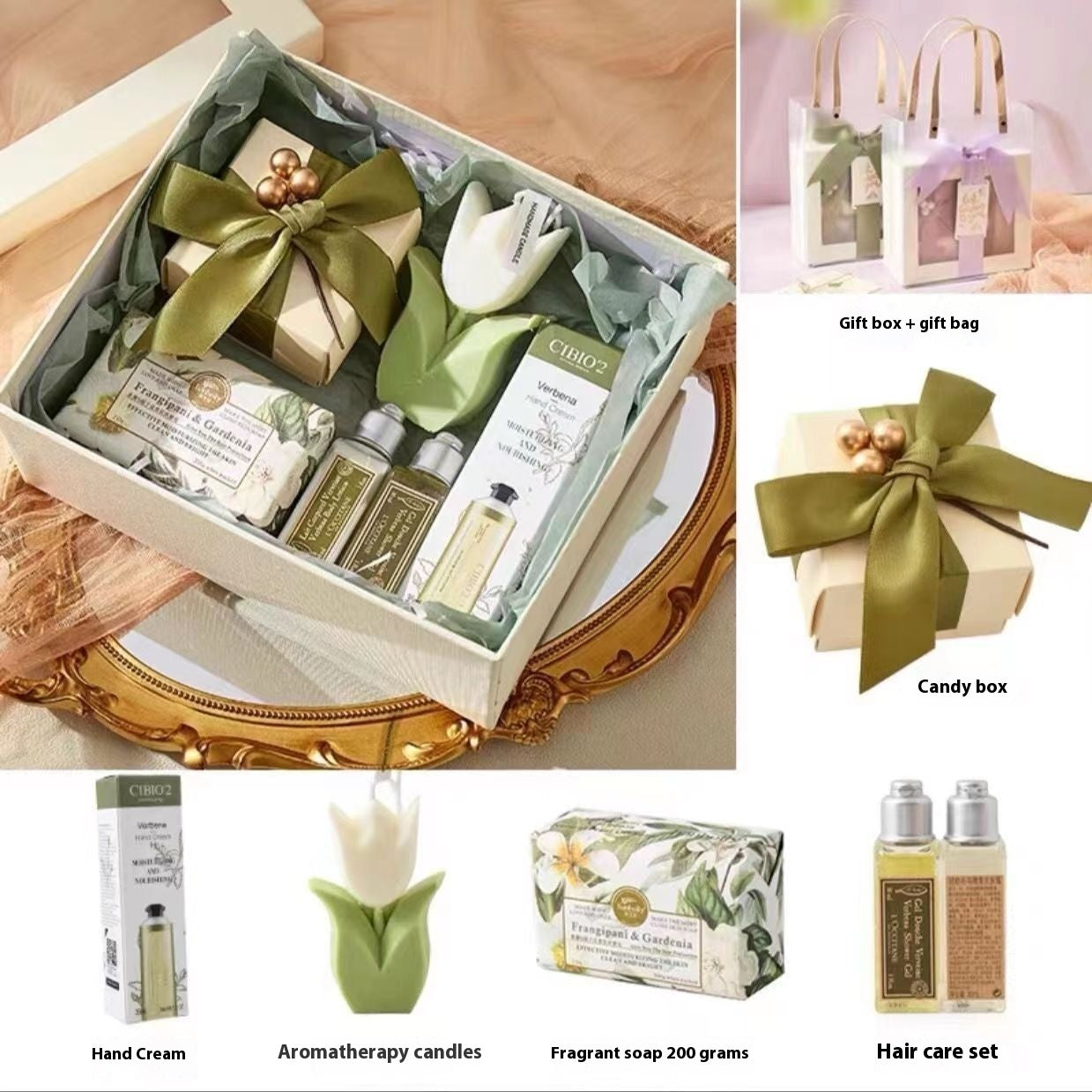 Collage of a gift set with various products including a hand cream, candles, soap, and hair care set.