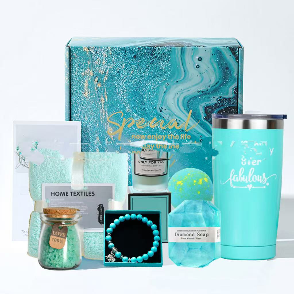 Collection of turquoise-themed products including a tumbler, soap, and candle on a white background.