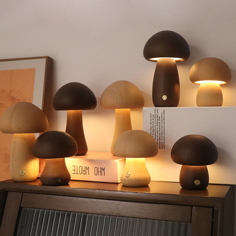 BELIVYA Minimalist Wooden Mushroom LED Night Light - Aesthetic Touch Control Lamp