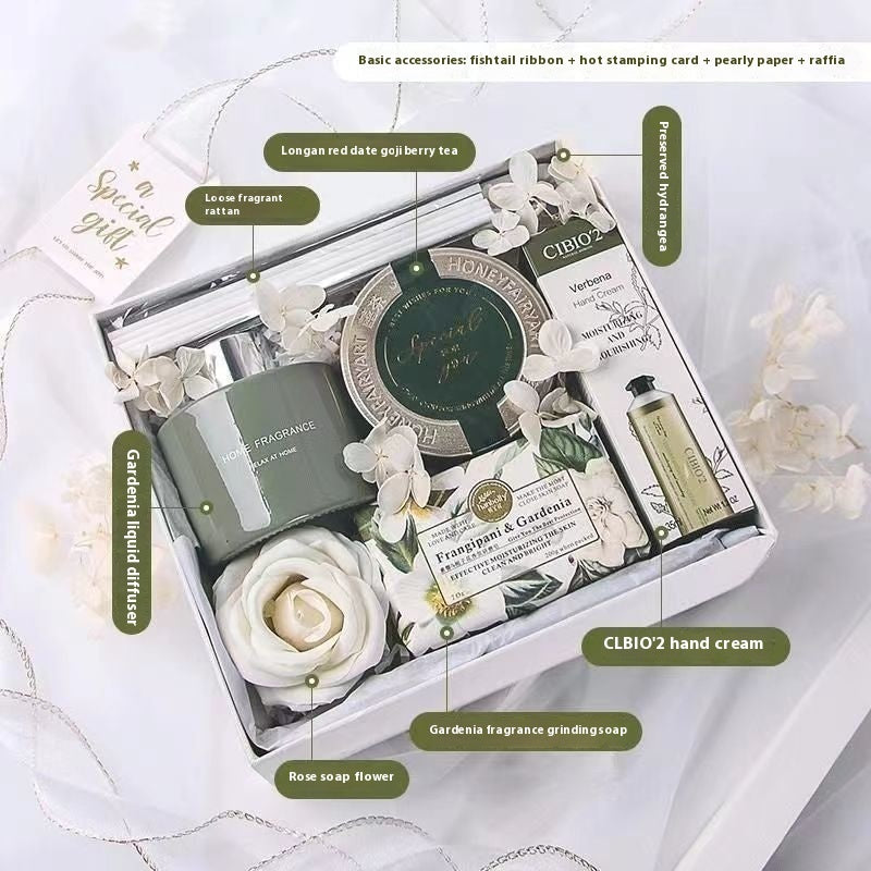 Gift set with various items including a diffuser, soap, and cream, labeled on a light background.