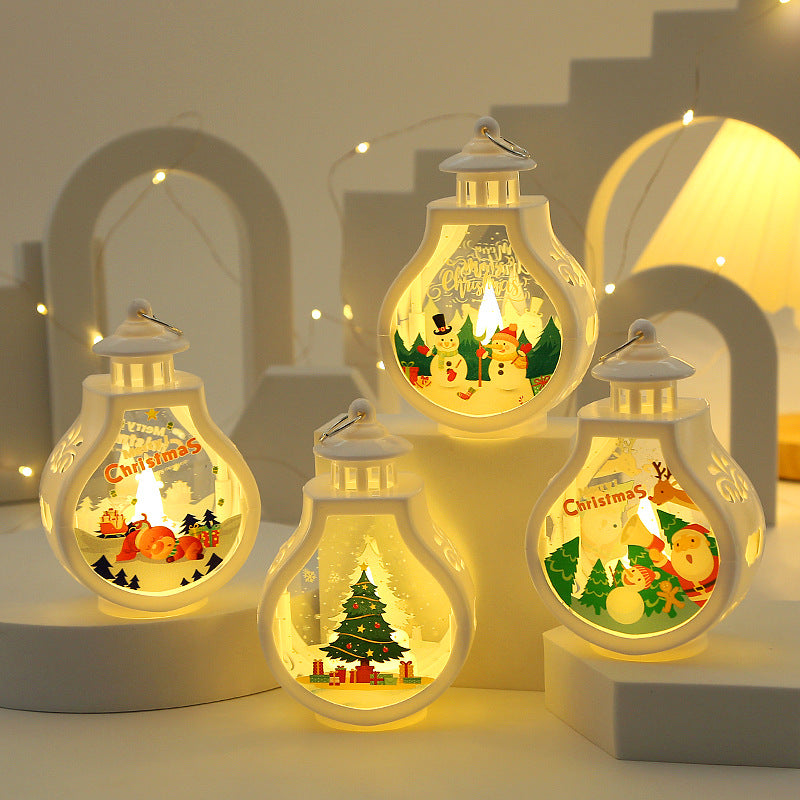Decorative Christmas lanterns with festive scenes inside, set against a softly lit background.