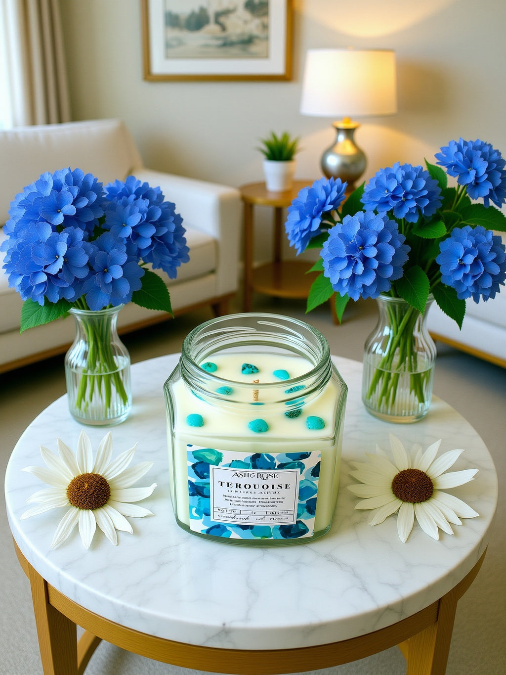 Candle jar with blue flowers and decorative elements on a marble table in a living room setting.