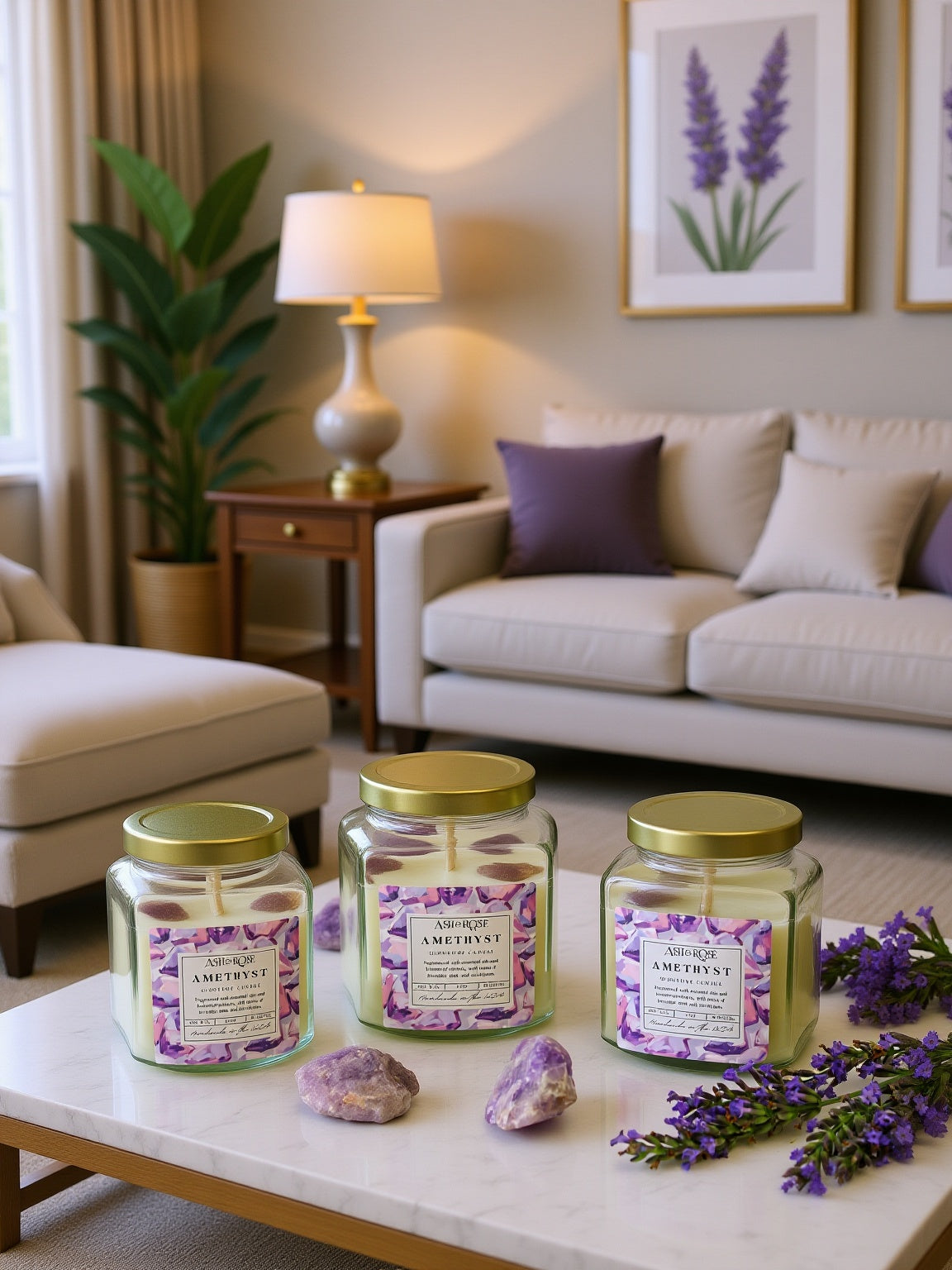 Candles labeled 'Amethyst' on a coffee table in a living room setting with decor elements.