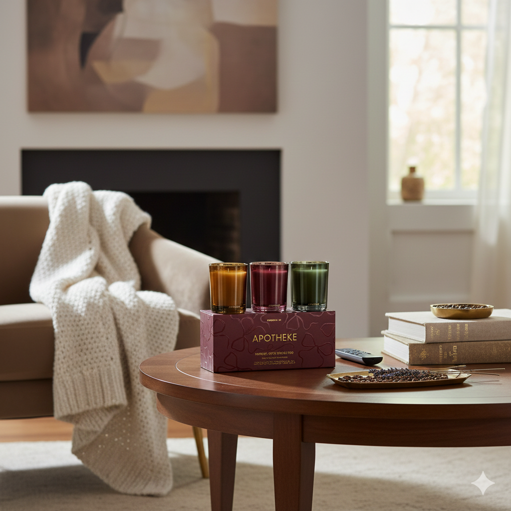 Apotheke candles on a wooden table in a cozy living room setting.