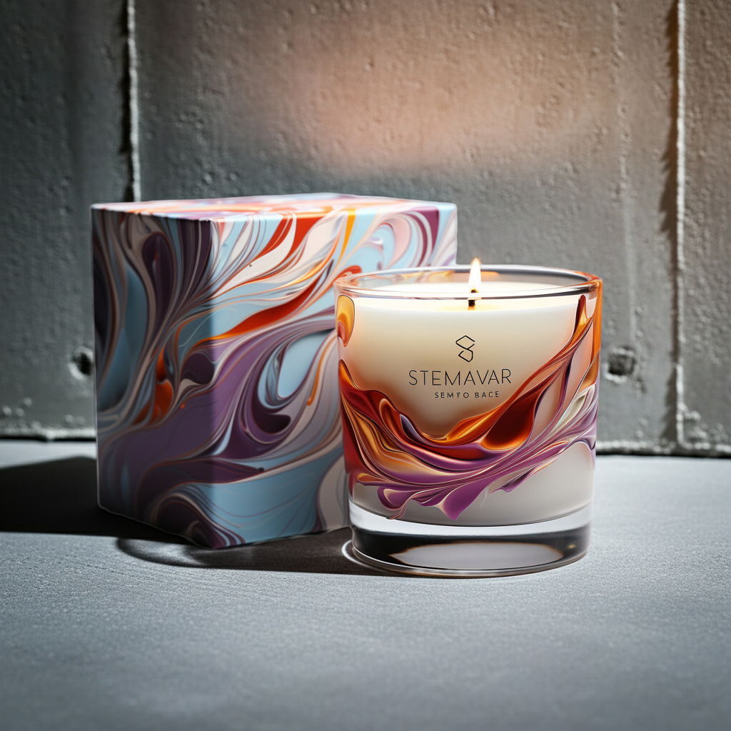 Marbled candle with 'STEMAVAR' branding on a textured surface