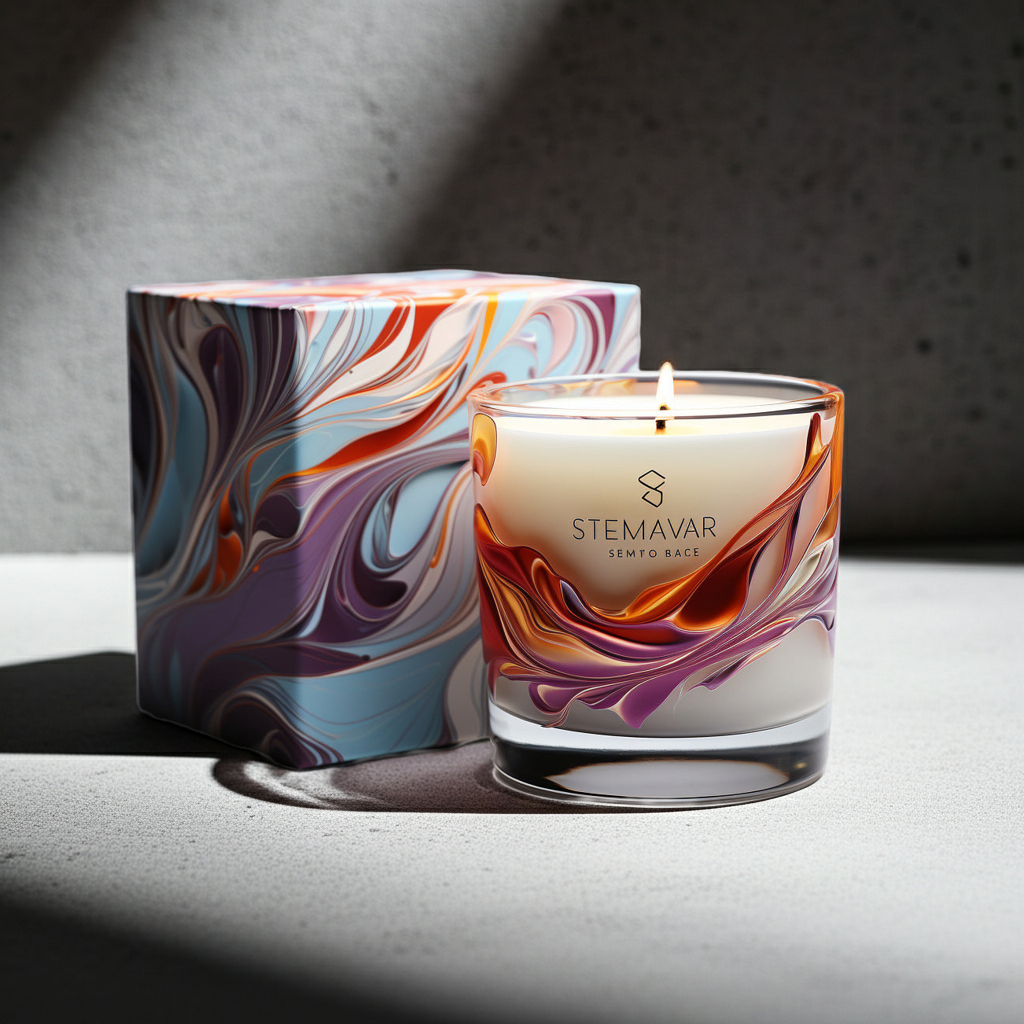 Candle with marbled design and 'STEMAVAR' branding next to its packaging on a gray surface.