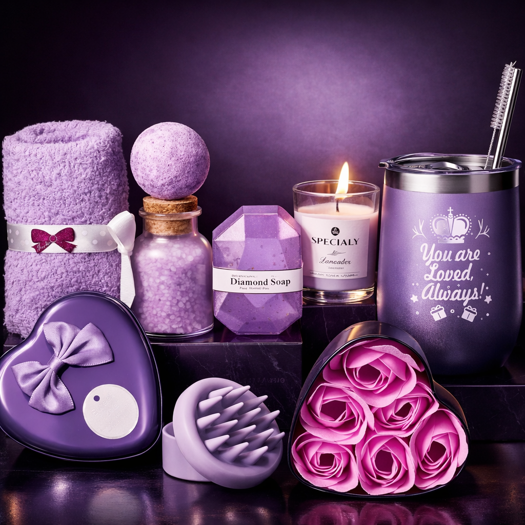 Collection of purple and pink products including a candle, soap, and bath items on a dark background.
