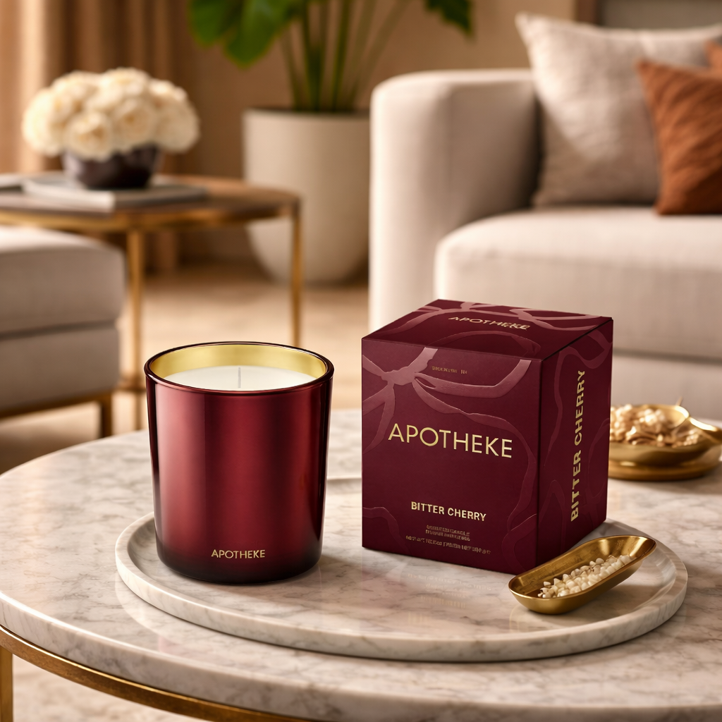 Apotheke candle and packaging on a marble table in a cozy living room setting.
