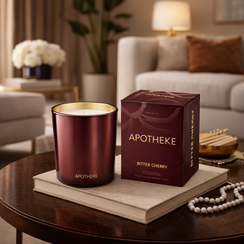 Apotheke Bitter Cherry candle and packaging on a table in a cozy living room setting.