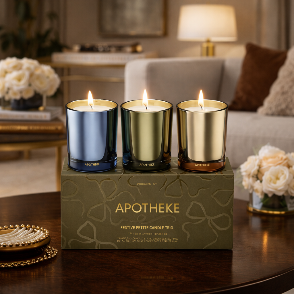 Three lit candles in decorative holders on a box labeled 'Apotheke' in a cozy living room setting.