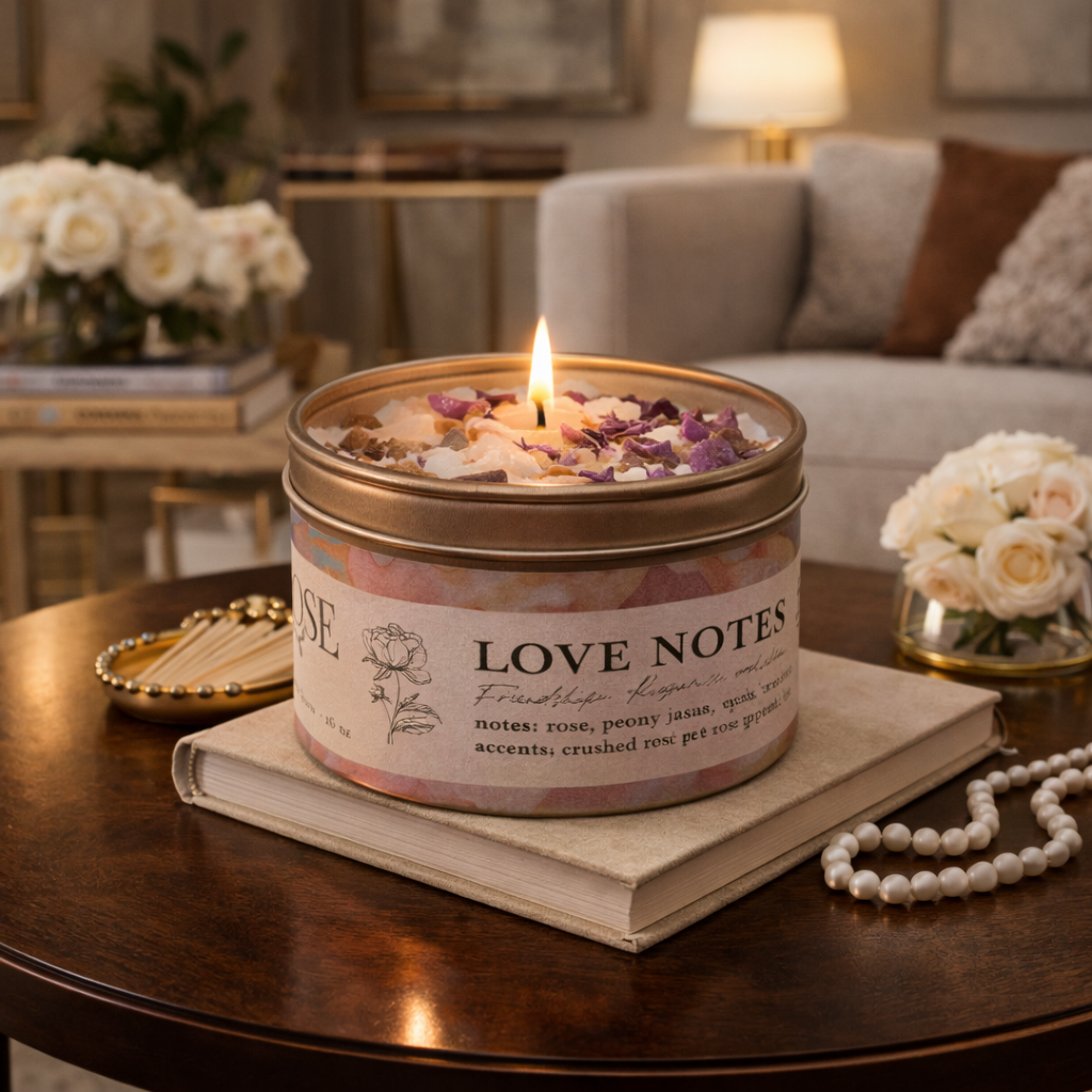 Candle in a tin labeled 'Love Notes' on a table with flowers and books in the background
