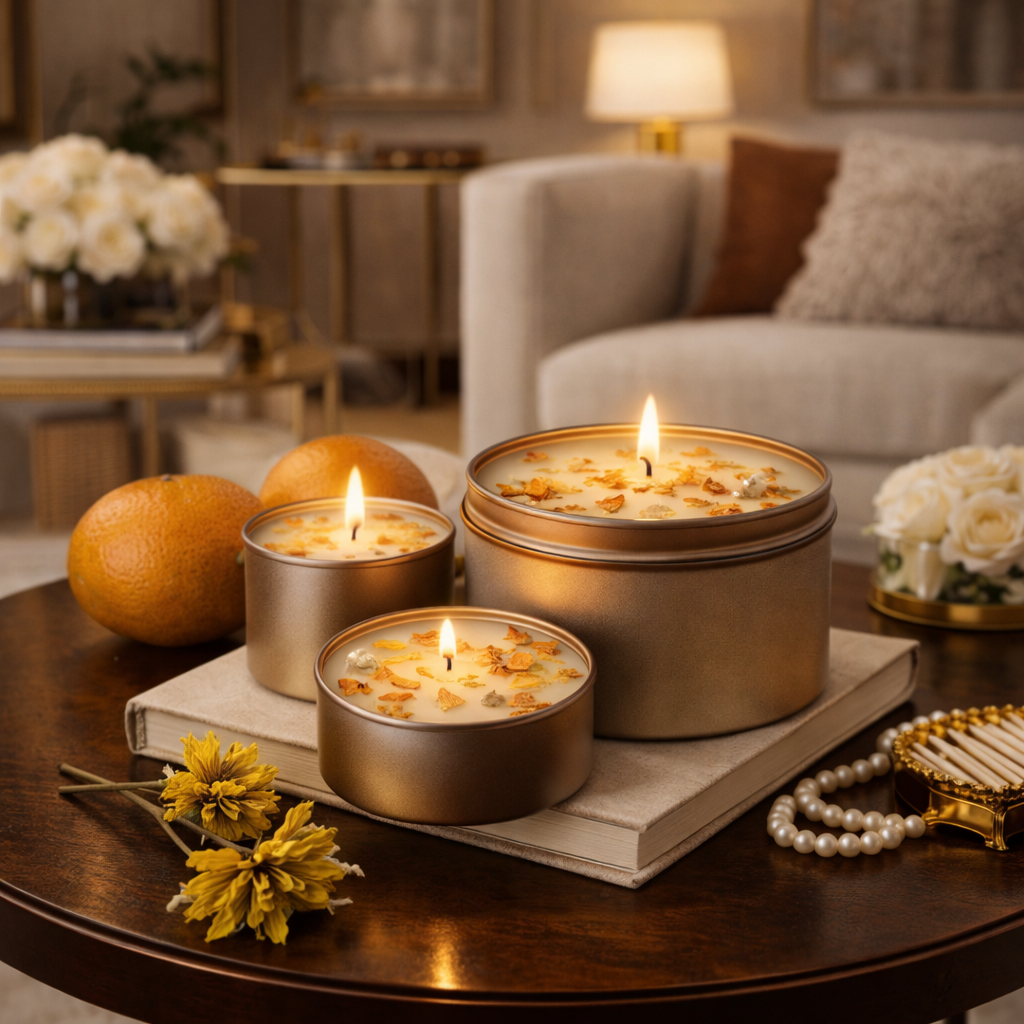Three lit candles in metallic tins on a wooden table with decorative elements in a cozy living room.