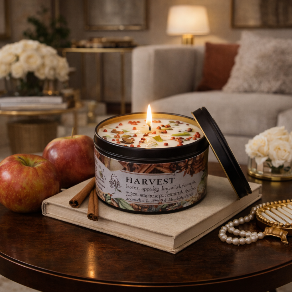 Harvest-themed candle in a decorative setting with apples, cinnamon, and flowers.