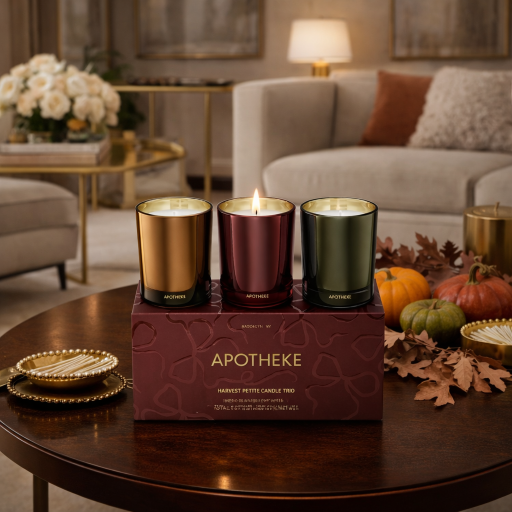 Three lit candles in colorful tins on a box labeled 'Apotheke' in a cozy living room setting.
