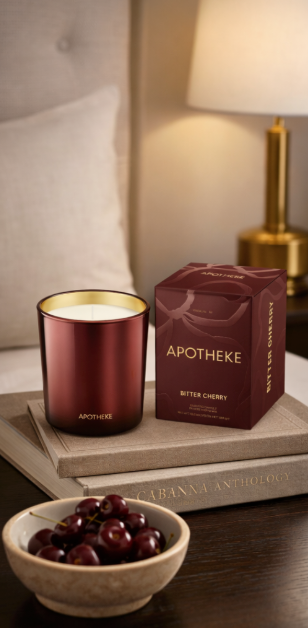 Aromatherapy candle with packaging on a nightstand next to a bowl of cherries.