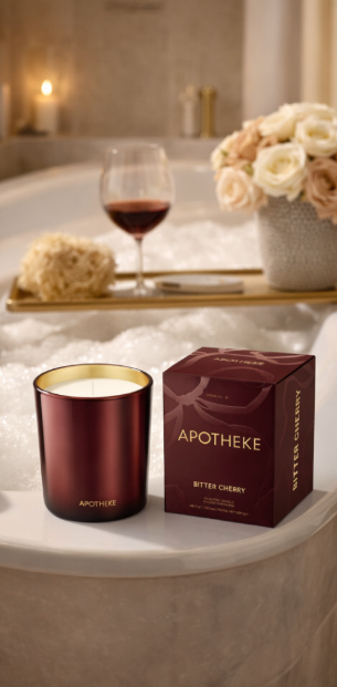 Apotheke candle and packaging on a bathtub with flowers and wine glass in the background