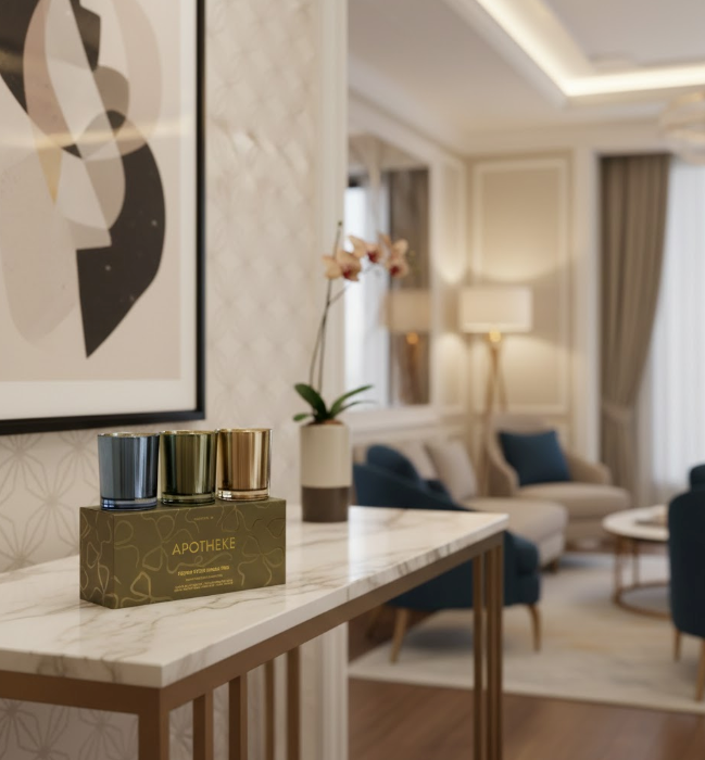 Decorative candles on a marble table with a blurred living room background