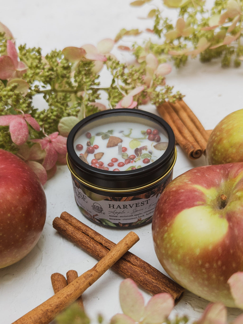 Harvest-themed candle with apples and cinnamon sticks on a white surface