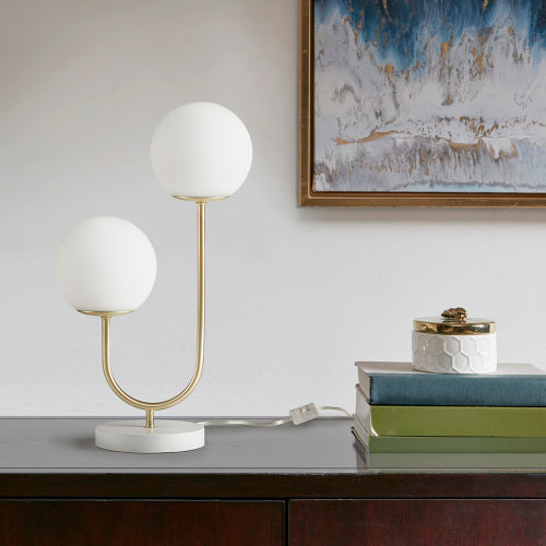BELIVYA Modern Brass & Frosted Globe Table Lamp - Dual Light Contemporary Accent