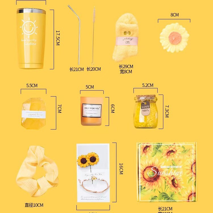 Collection of sunflower-themed products with measurements on a yellow background