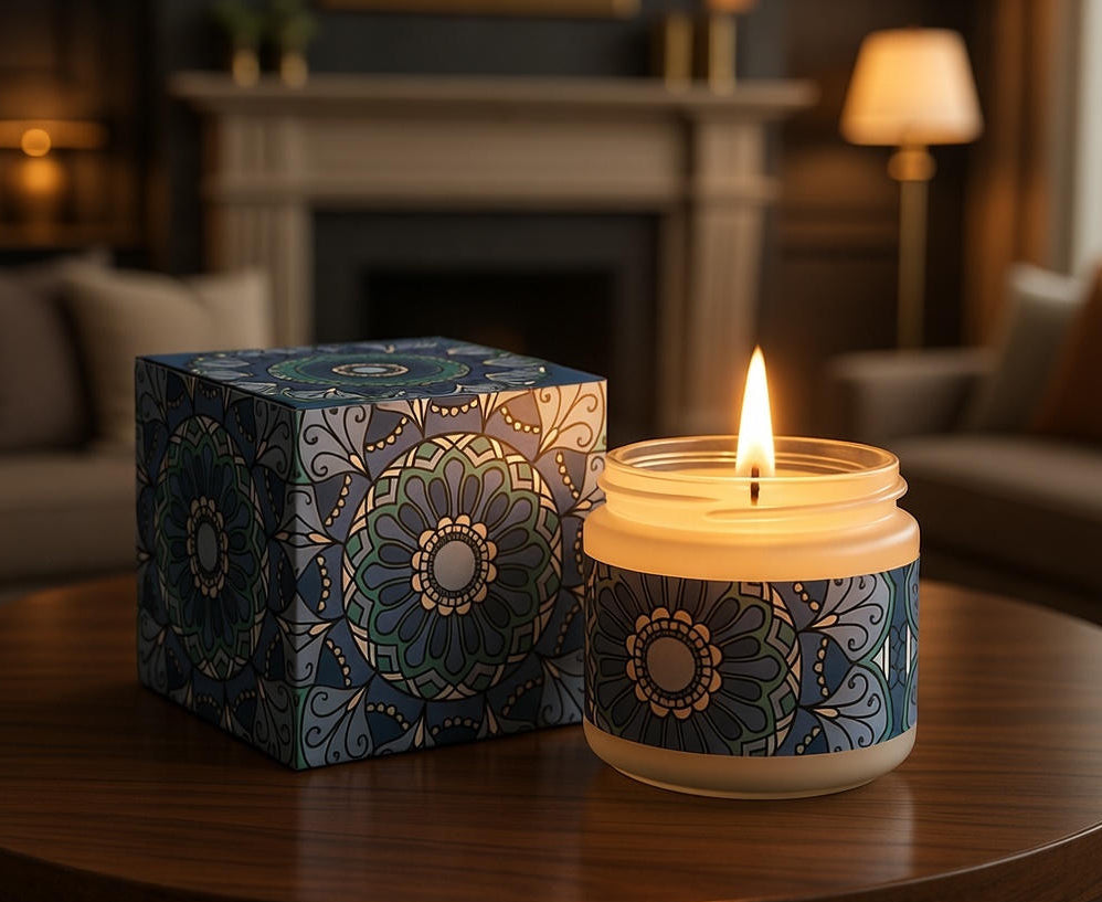 Candle with decorative box on a table in a cozy room