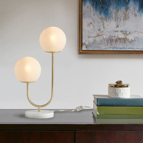 BELIVYA Modern Brass & Frosted Globe Table Lamp - Dual Light Contemporary Accent