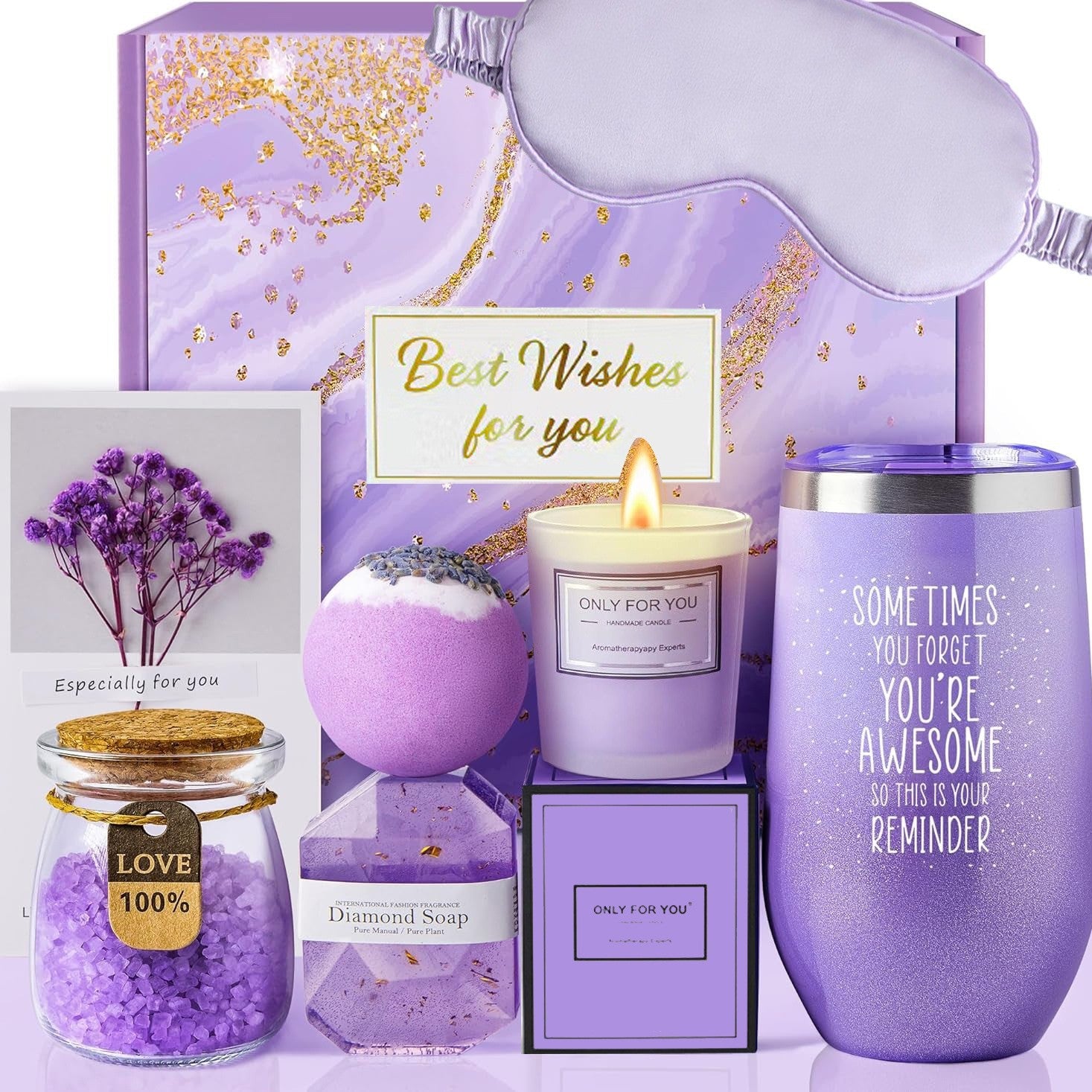 Collection of purple-themed products including a candle, tumbler, and bath bomb on a white background.