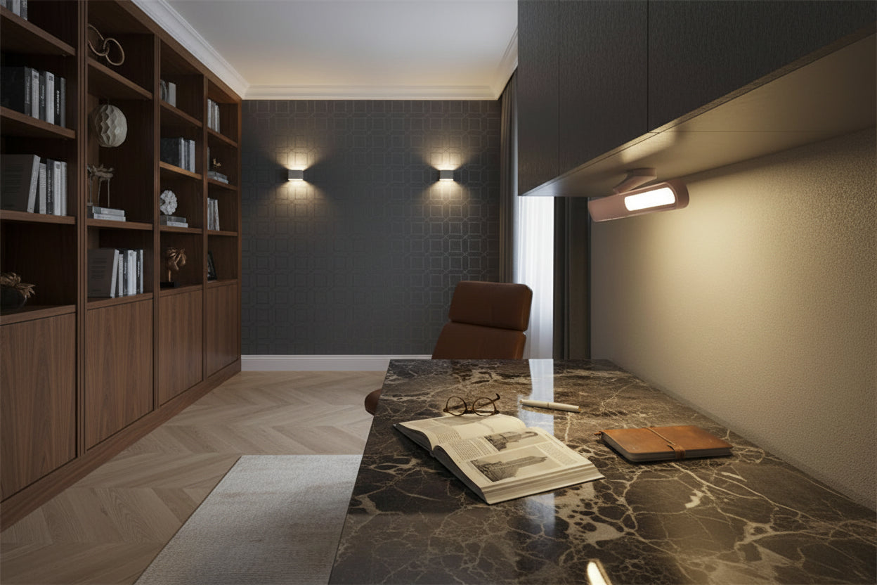 Wall-mounted light fixture illuminating a wooden floor with a book and pen.