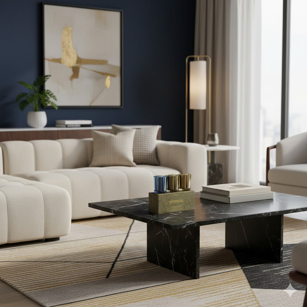 Modern living room with a beige sofa, marble coffee table, and abstract art on a dark blue wall.