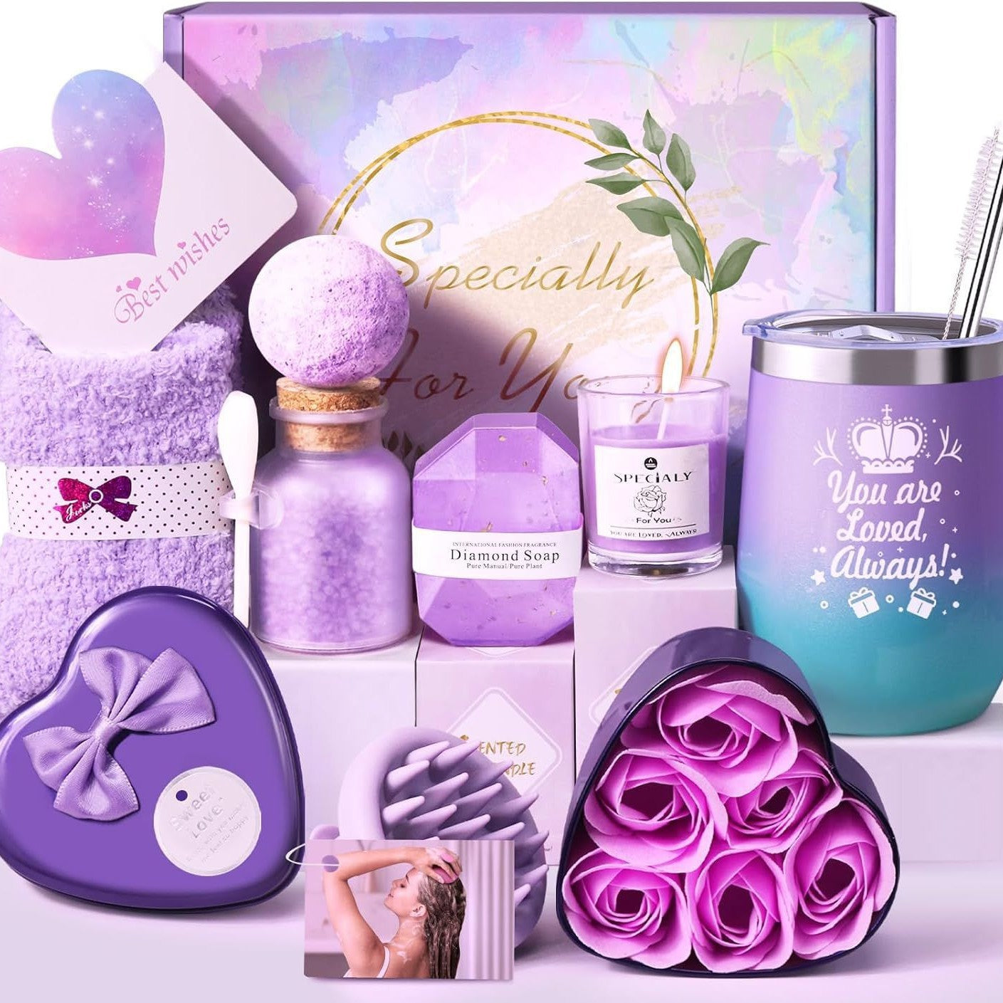 Collection of purple-themed products including a towel, soap, and tumbler on a white background