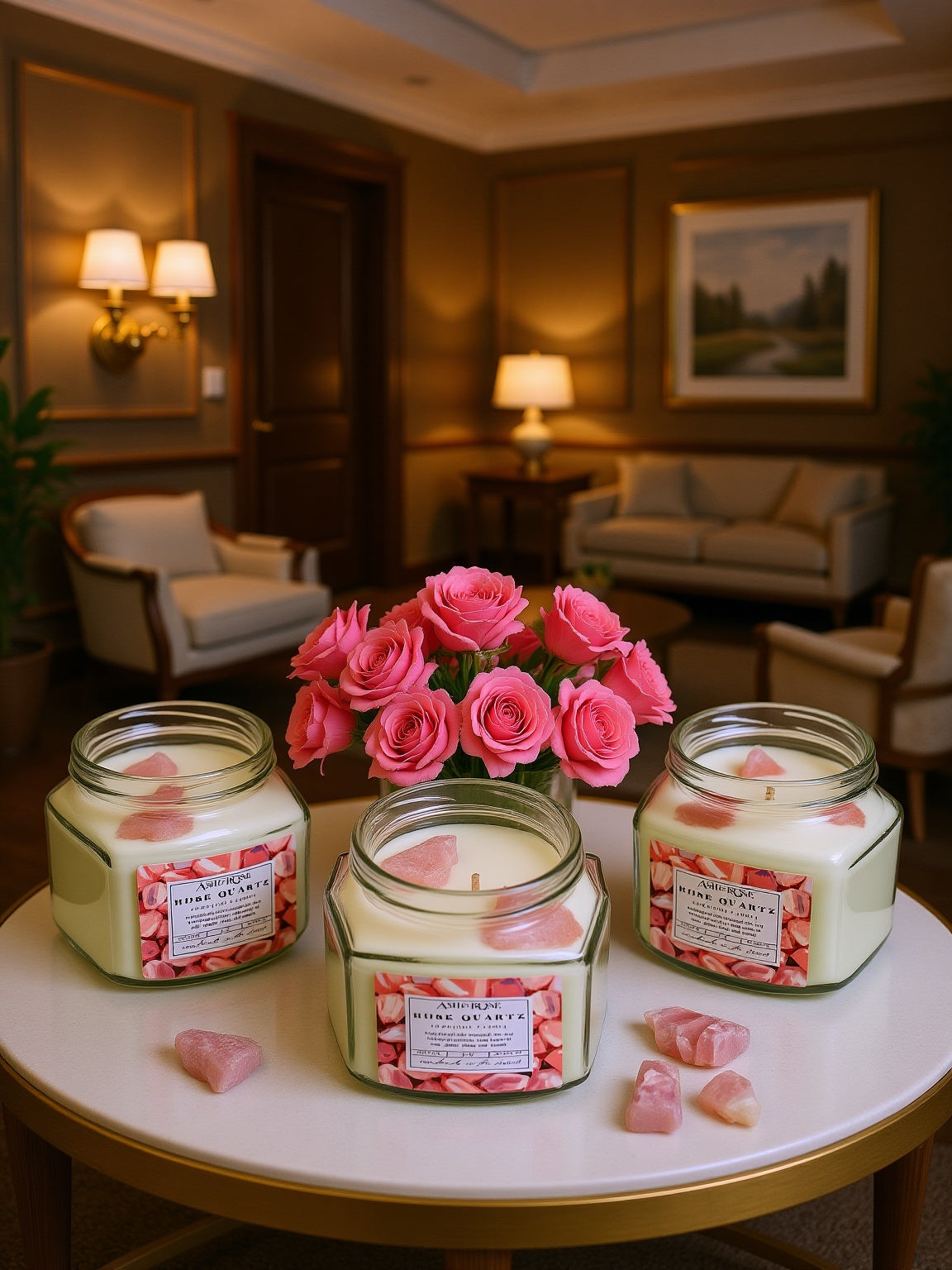 Three candles in jars with floral designs on a table in a cozy room.