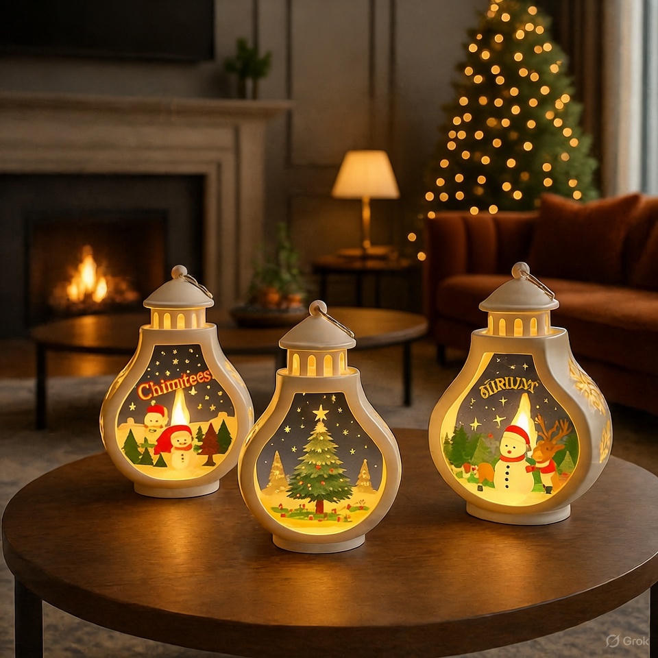 Three decorative Christmas lanterns on a table with a cozy living room background.