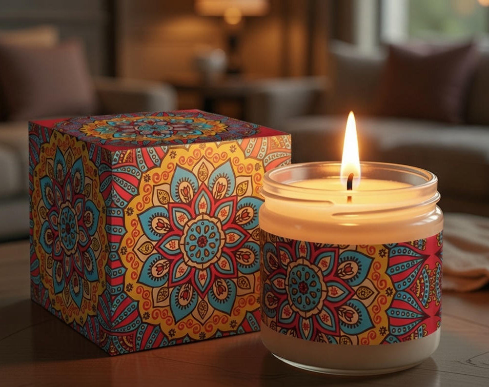 Candle with colorful packaging on a wooden surface