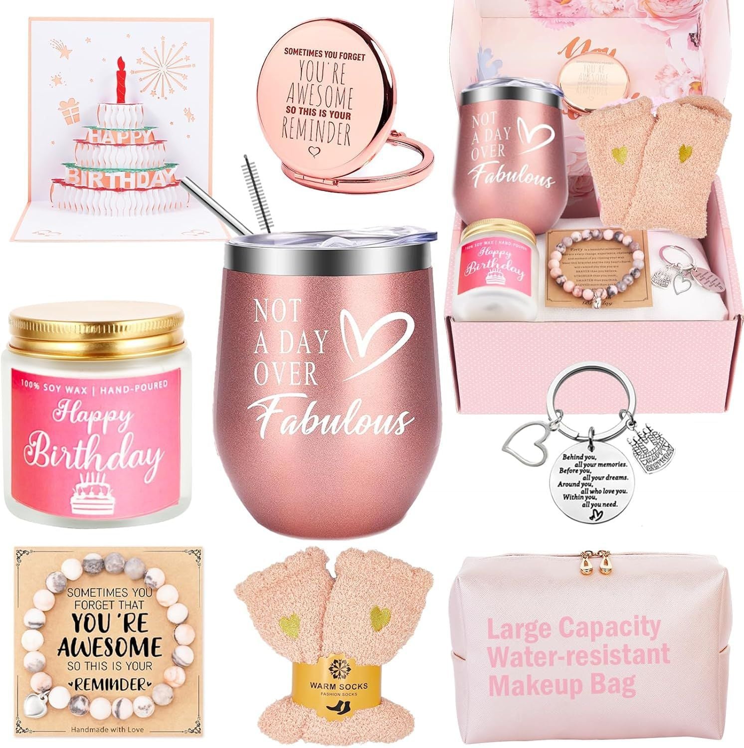Collection of birthday gifts including a mug, candle, and makeup bag.