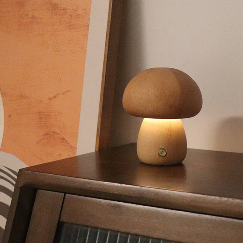 BELIVYA Minimalist Wooden Mushroom LED Night Light - Aesthetic Touch Control Lamp