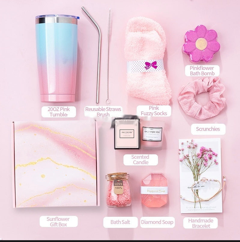 Collection of pink-themed products on a pink background