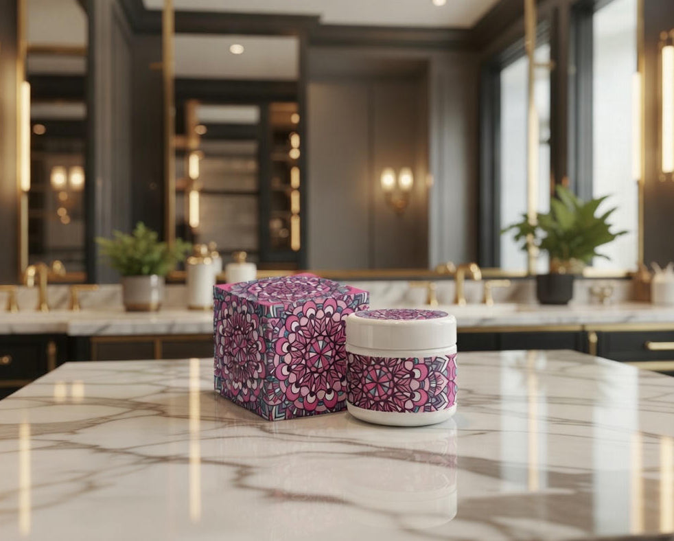 Decorative boxes with floral patterns on a marble countertop in a modern kitchen.