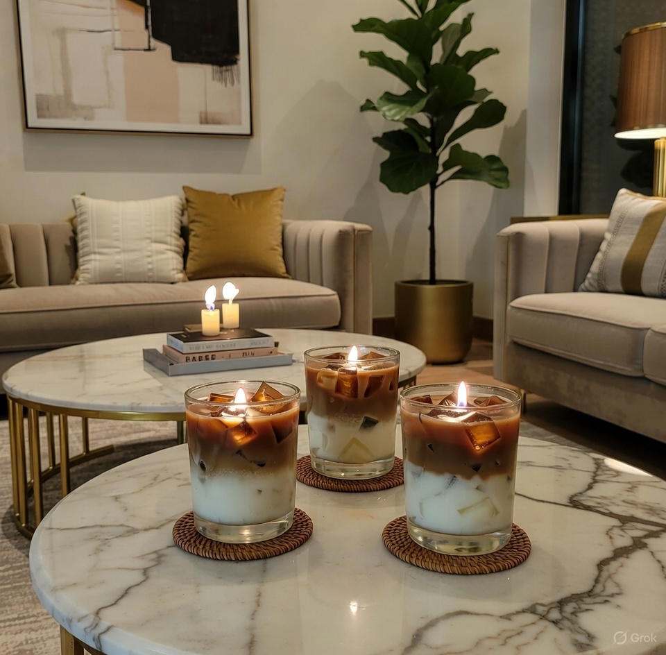 Three glasses of iced coffee with candles on a marble table in a living room setting.